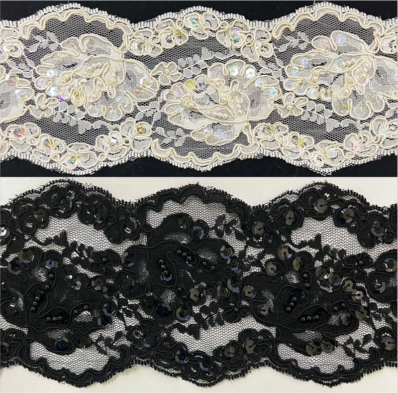 3.5" Beaded & Corded Bridal Embroidered Lace Trimming - 1 Yard!