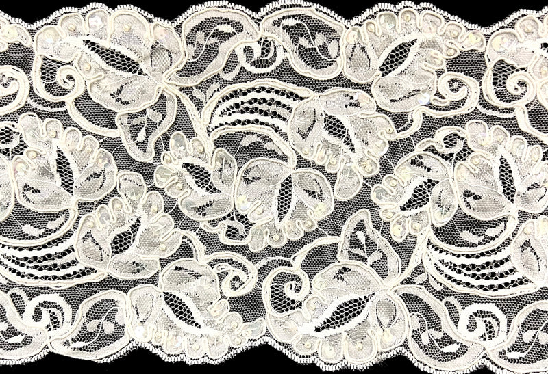 6" Beaded, Corded & Sequins Bridal Embroidered Lace Trimming - 1 Yard!