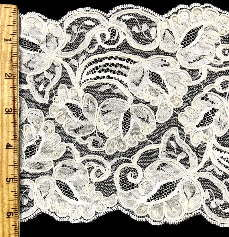 6" Beaded, Corded & Sequins Bridal Embroidered Lace Trimming - 1 Yard!