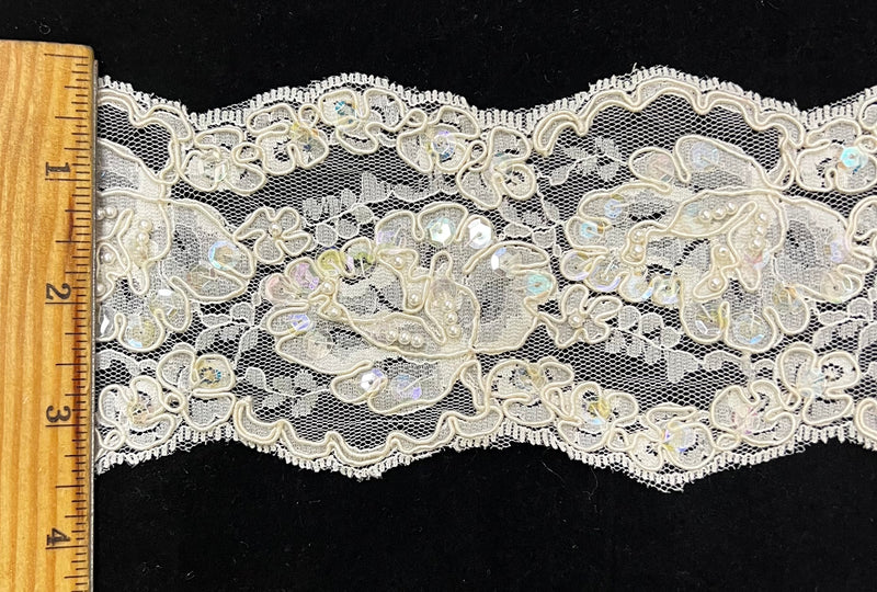 3.5" Beaded & Corded Bridal Embroidered Lace Trimming - 1 Yard!