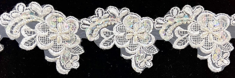 3" Floral Beaded, Sequins & Corded Bridal Embroidered Lace Trimming - 1 Yard!