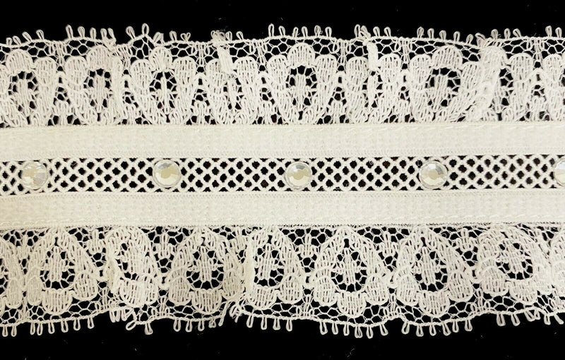1-7/8" Ruffled Gathered Stretch Lace w/ Rhinestones Trim - 5 Yards!