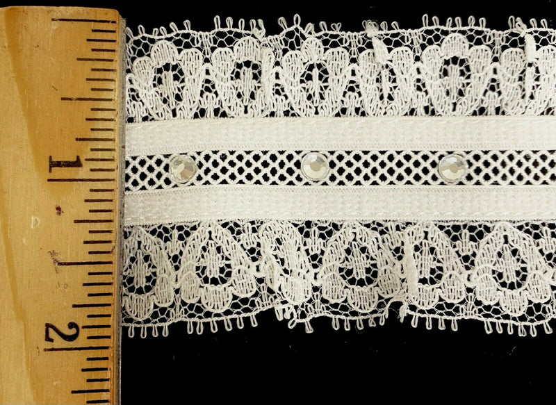 1-7/8" Ruffled Gathered Stretch Lace w/ Rhinestones Trim - 5 Yards!