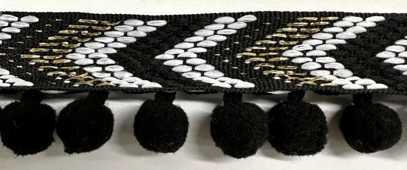 1/2" Pom Pom Poly Ball Fringe with Jacquard Ribbon - 12 Yards!